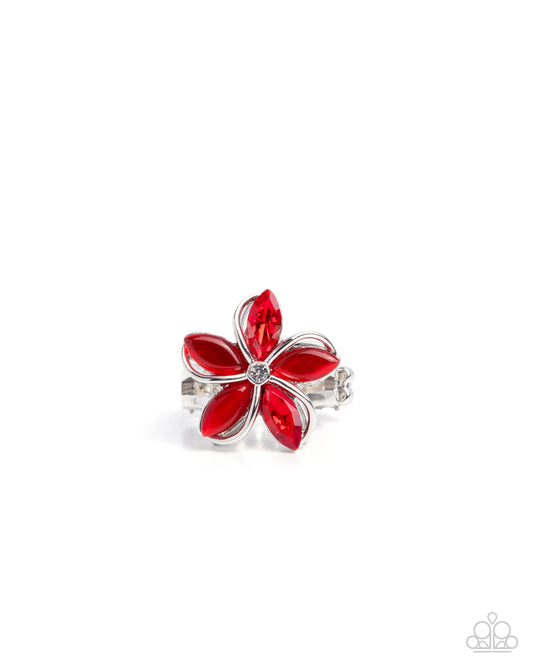 Floral Fabrication - Red Gem & Cat's Eye Flower "Fidget Spinner" Silver Ring - Paparazzi Accessories