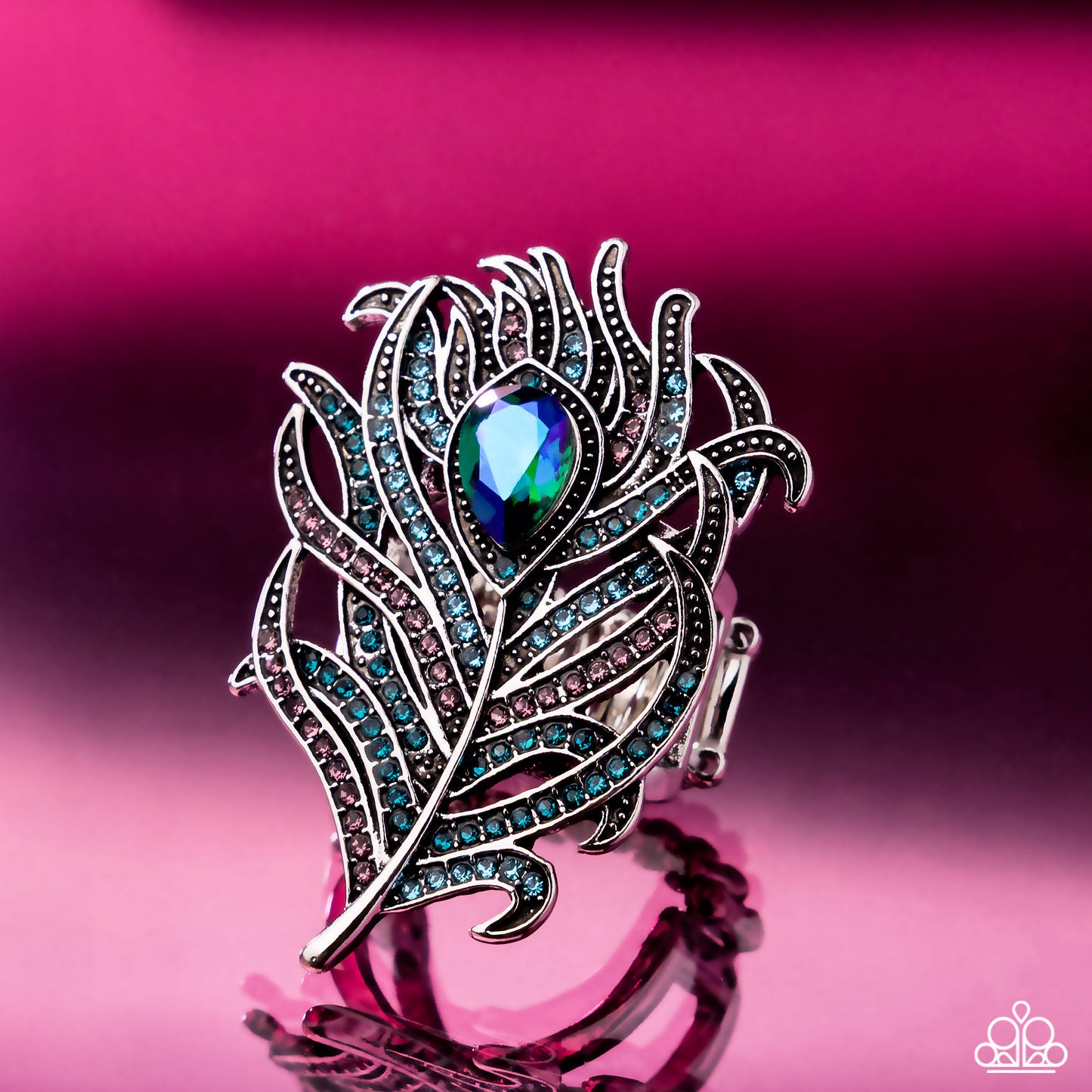 Polished Peacock - Blue & Purple UV Rhinestone Silver Feather Ring - Paparazzi Accessories