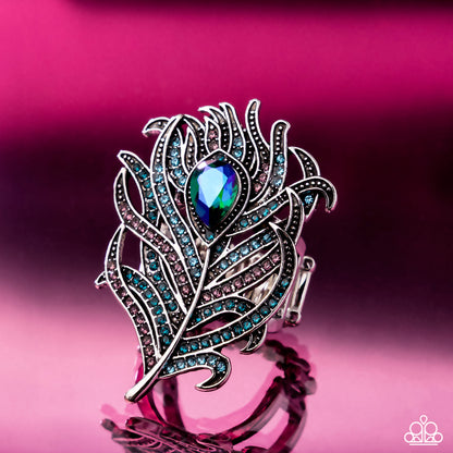 Polished Peacock - Blue & Purple UV Rhinestone Silver Feather Ring - Paparazzi Accessories