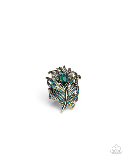 Polished Peacock - Brass, Green & Blue Iridescent Rhinestone Feather Ring - Paparazzi Accessories