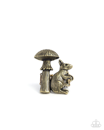 Textured Toadstool - Brass Squirrel & Mushroom Ring - Paparazzi Accessories