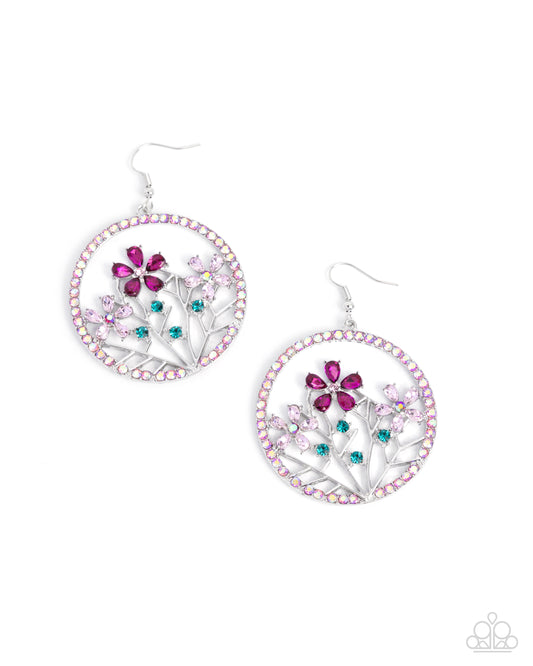 Basic Bouquet - Pink Iridescent Rhinestone Flower Silver Fishhook Earrings - Paparazzi Accessories