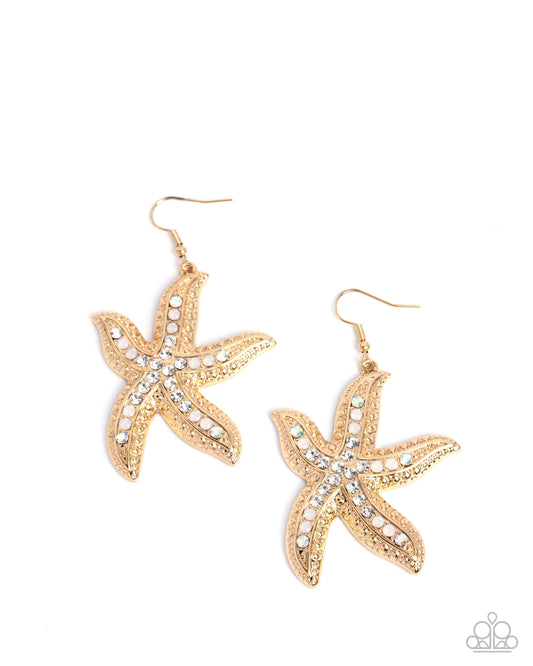 Seize the Starfish - Gold Iridescent Rhinestone Fishhook Earrings - Paparazzi Accessories
