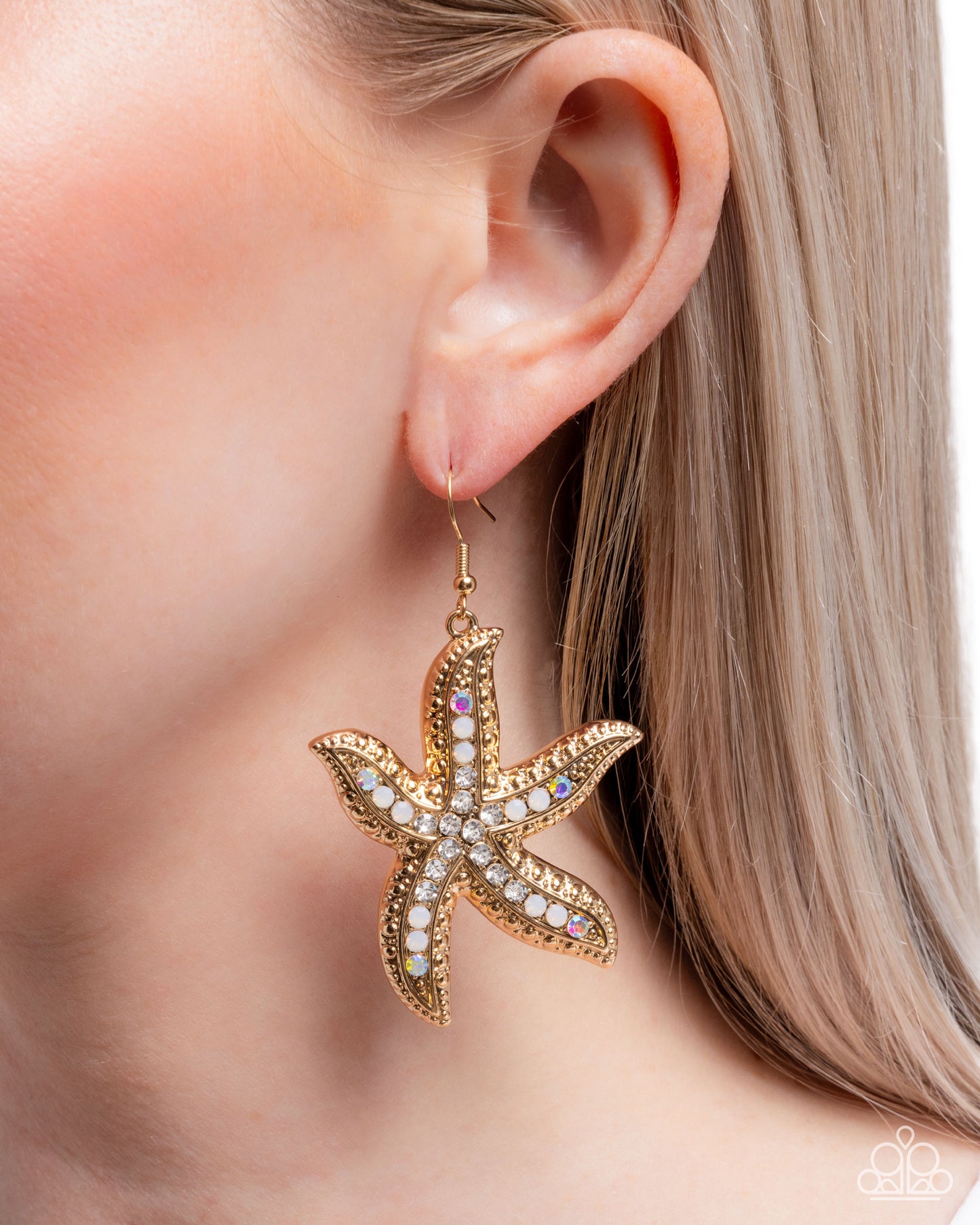 Seize the Starfish - Gold Iridescent Rhinestone Fishhook Earrings - Paparazzi Accessories