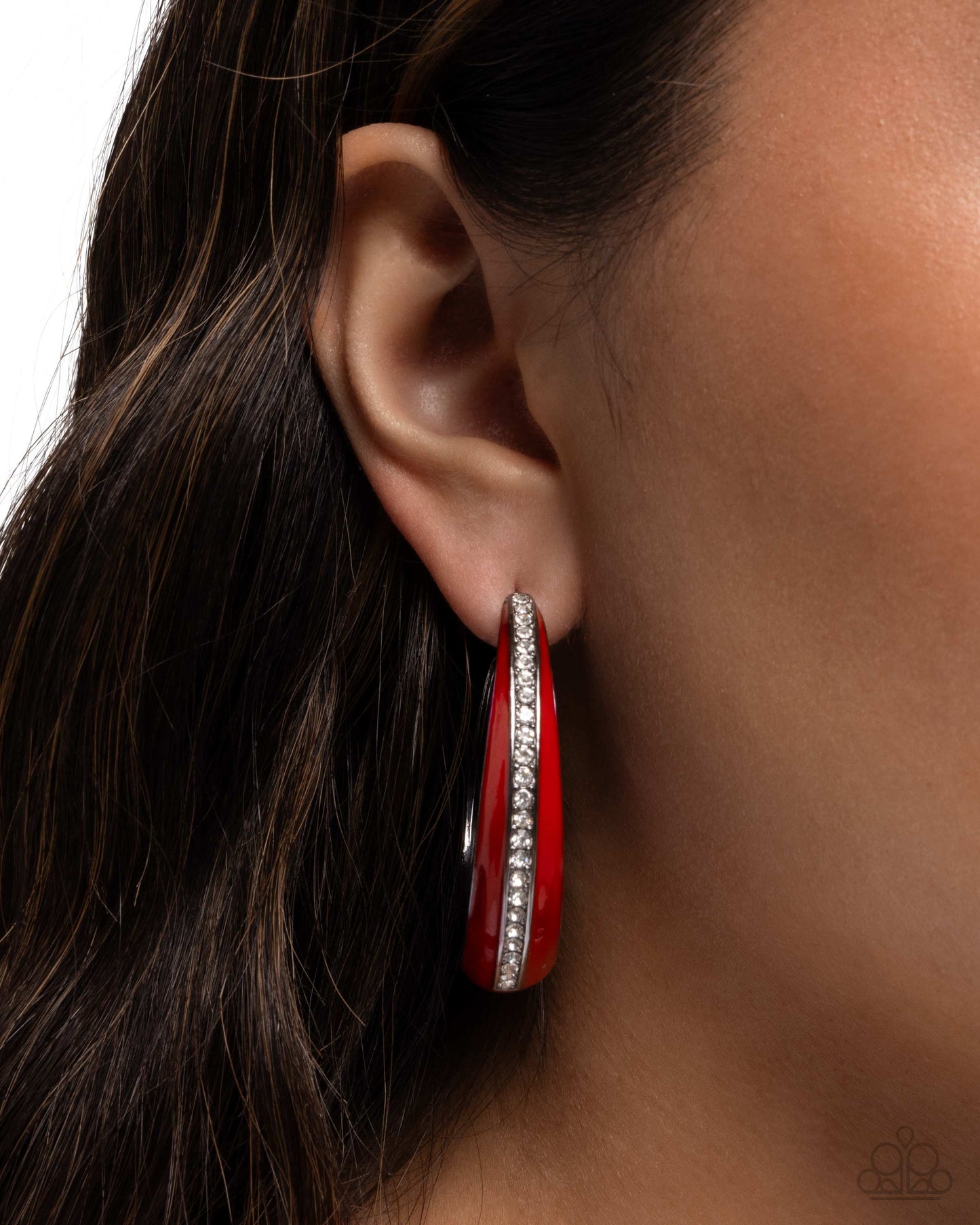 Uniquely Unexpected - Multi Gunmetal, Red Enamel & White Rhinestone Hoop Earrings - Paparazzi Accessories