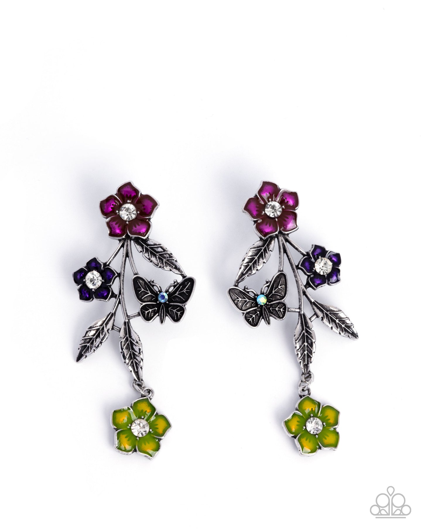 Whimsical Weekend - Multi - Pink, Purple, Green Enamel Flowers Silver Butterfly Post Earrings - Paparazzi Accessories