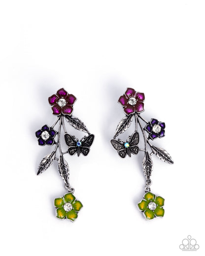 Whimsical Weekend - Multi - Pink, Purple, Green Enamel Flowers Silver Butterfly Post Earrings - Paparazzi Accessories