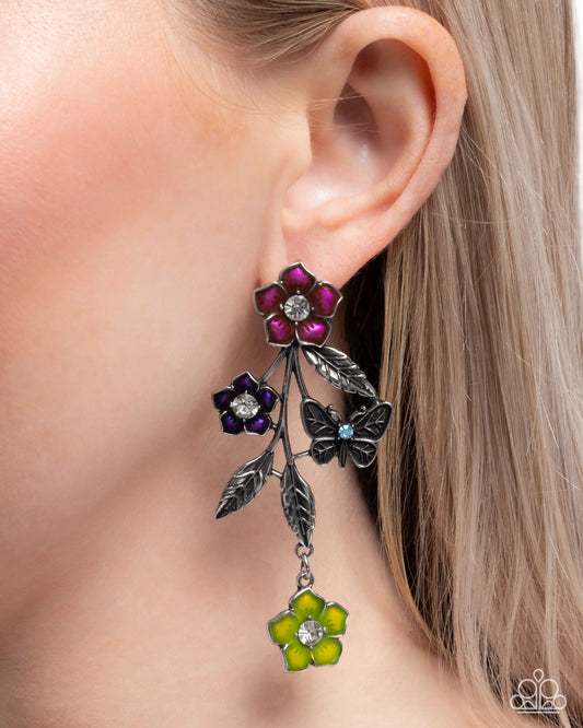 Whimsical Weekend - Multi - Pink, Purple, Green Enamel Flowers Silver Butterfly Post Earrings - Paparazzi Accessories