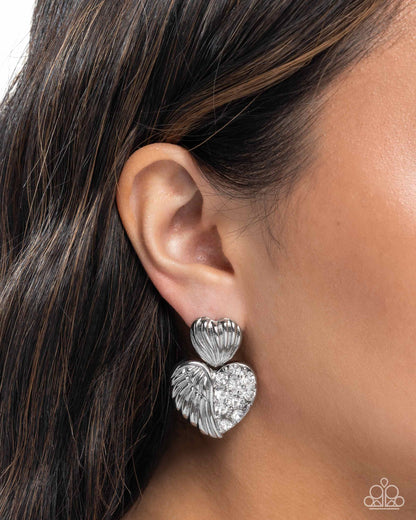 Angelic Adornment - White Rhinestone, Silver Earring - Paparazzi Accessories