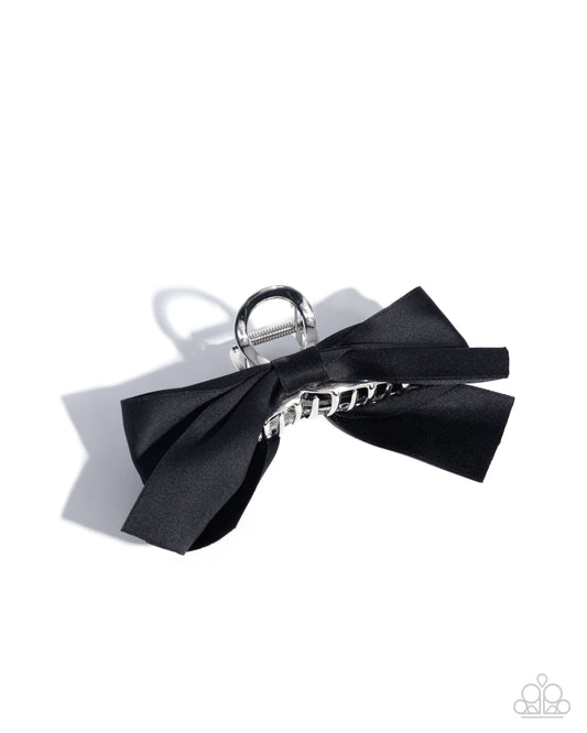 Coquette Class - Black Satin Bow Silver Claw Clip - Paparazzi Accessories