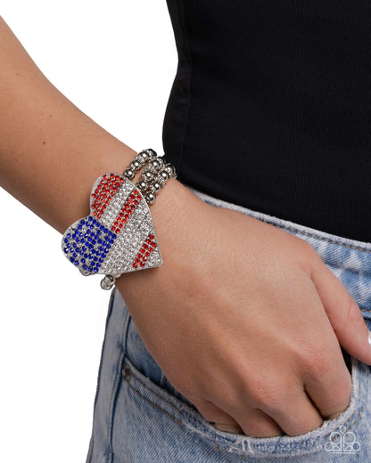 Romantic Republic - Multi - Red, White, & Blue Rhinestone Silver Heart Stretchy Bracelet - Paparazzi Accessories