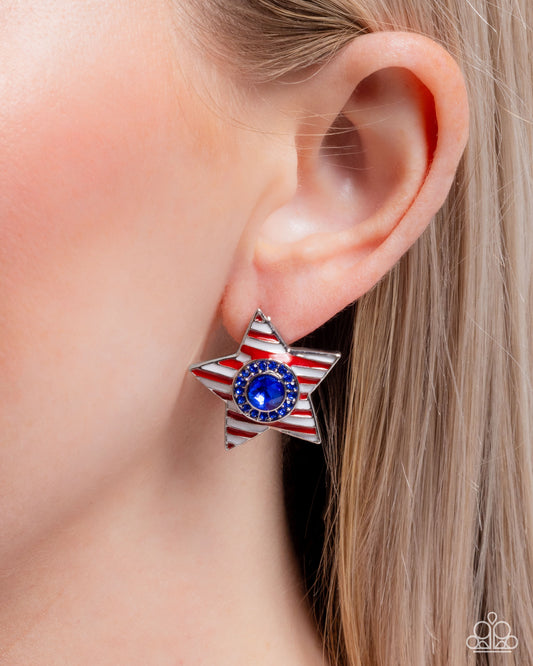 American Aesthetic - Multi - Blue Rhinestone, Red & White Enamel, Silver Star Post Earrings - Paparazzi Accessories