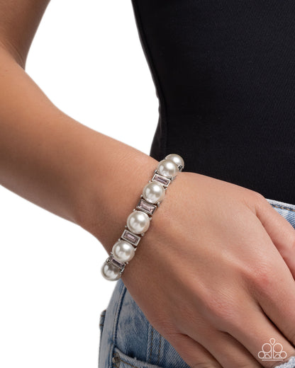 Pronged Palace - Pink Rhinestone White Pearl Silver Stretchy Bracelet - Paparazzi Accessories