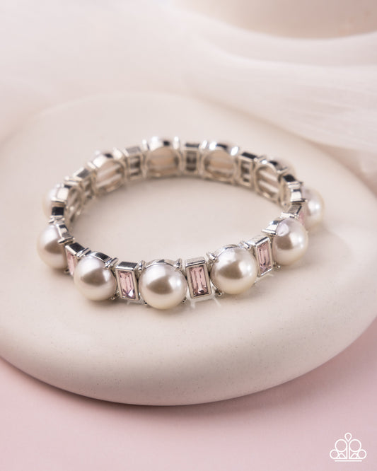 Pronged Palace - Pink Rhinestone White Pearl Silver Stretchy Bracelet - Paparazzi Accessories
