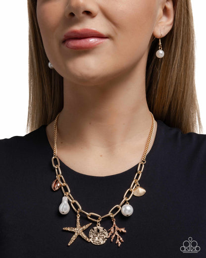 Coral Collection - Gold Coastal Charms Necklace - Paparazzi Accessories