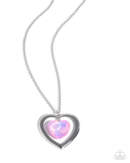 Heartfelt Hemisphere - Pink UV Shimmer Heart Silver Pendant Necklace - Paparazzi Accessories
