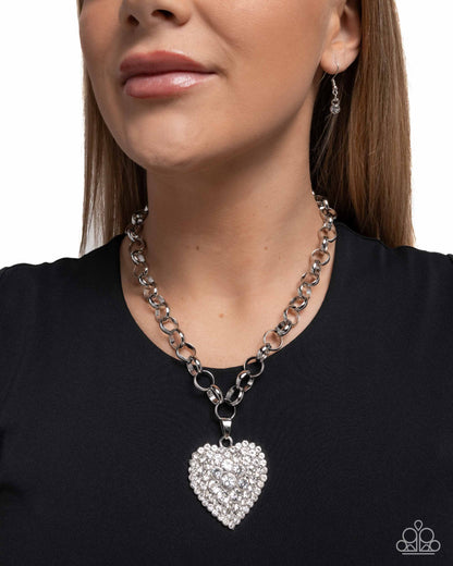 Heartfelt Havana - White Rhinestone Heart Pendant Silver Chain Necklace - Paparazzi Accessories