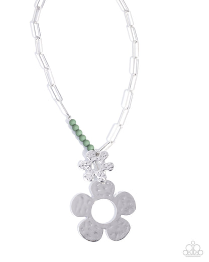 Seeing FLORAL - Green Beads Silver Flower Pendant Necklace - Paparazzi Accessories