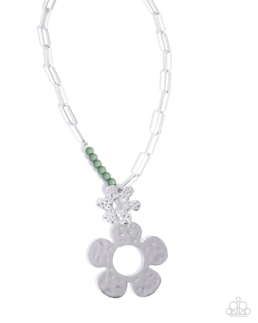 Seeing FLORAL - Green Beads Silver Flower Pendant Necklace - Paparazzi Accessories