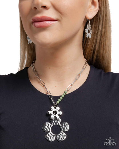 Seeing FLORAL - Green Beads Silver Flower Pendant Necklace - Paparazzi Accessories