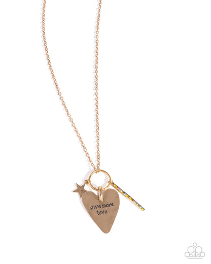 Give More Affection - Yellow Rhinestone Gold Heart "give more love " Pendant Necklace - Paparazzi Accessories