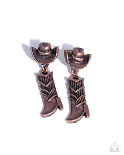 Boot Scootin Ballad - Copper Cowboy Boot Post Earrings - Paparazzi Accessories