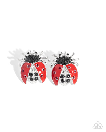 Lavish Ladybug - Red Enamel Black Rhinestone Silver Post Earrings - Paparazzi Accessories