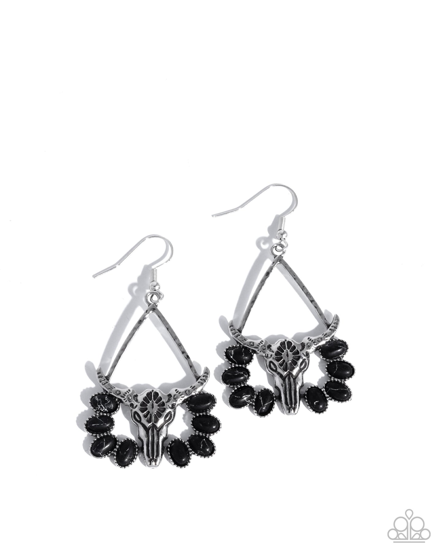 Western Whirlwind - Black Stone Silver Longhorn Fishhook Earrings - Paparazzi Accessories
