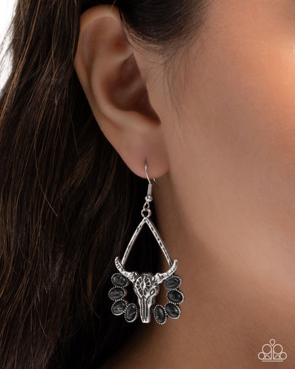 Western Whirlwind - Black Stone Silver Longhorn Fishhook Earrings - Paparazzi Accessories