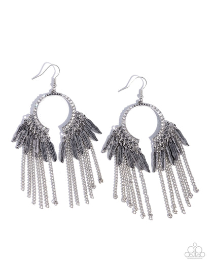 Free-Spirited Fringe - Silver Feather Fringe White Rhinestone Fishhook Earrings - Paparazzi Accessories