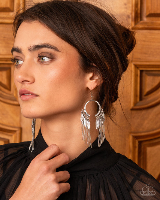 Free-Spirited Fringe - Silver Feather Fringe White Rhinestone Fishhook Earrings - Paparazzi Accessories