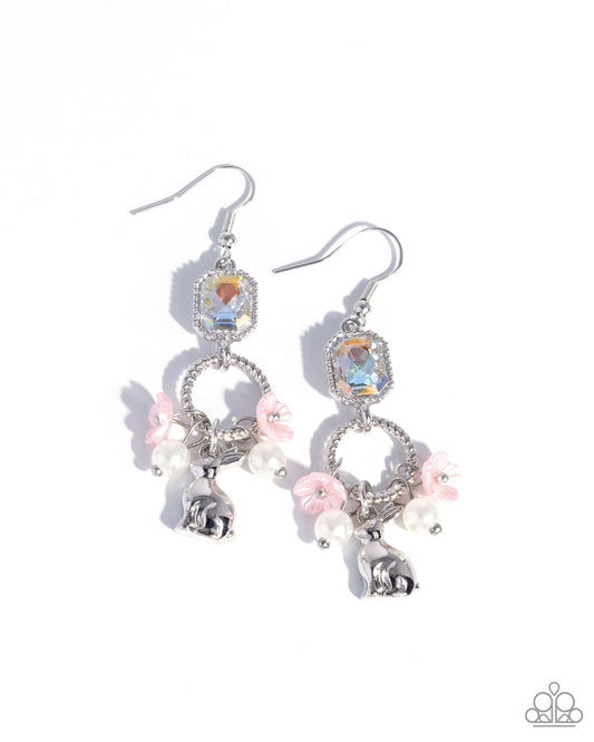 Malibu Melody - Pink Floral Accent Silver Bunny Fishhook Earrings - Paparazzi Accessories
