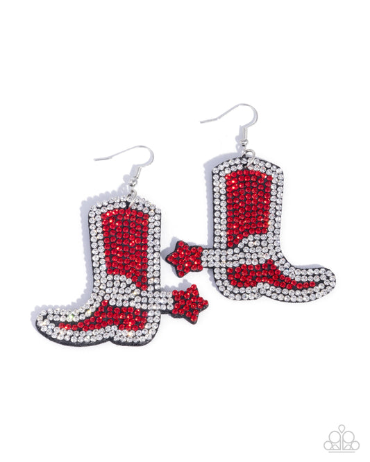 Benevolent Boot - Red & White Rhinestone Cowboy Boot Silver Fishhook Earrings - Paparazzi Accessories