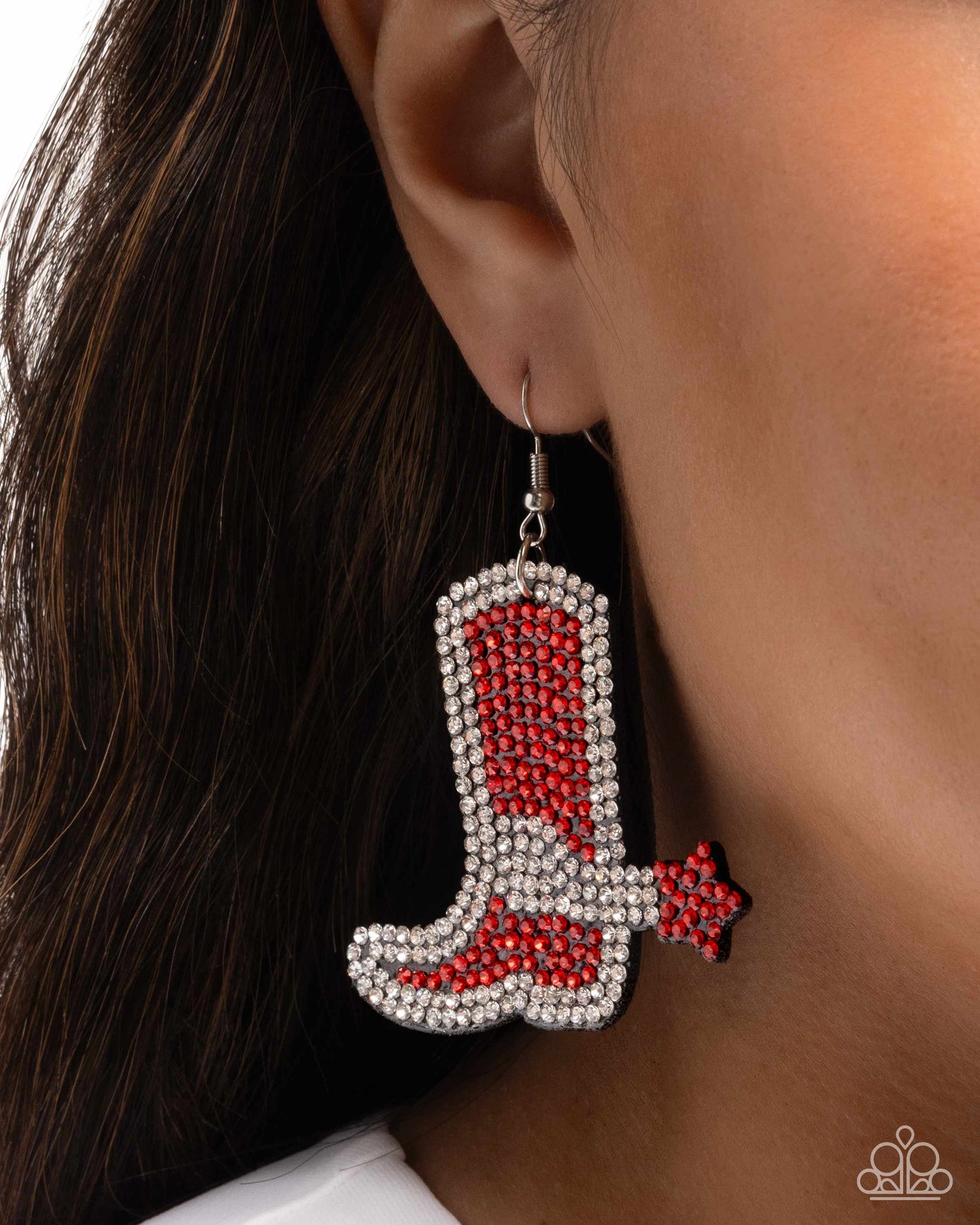 Benevolent Boot - Red & White Rhinestone Cowboy Boot Silver Fishhook Earrings - Paparazzi Accessories