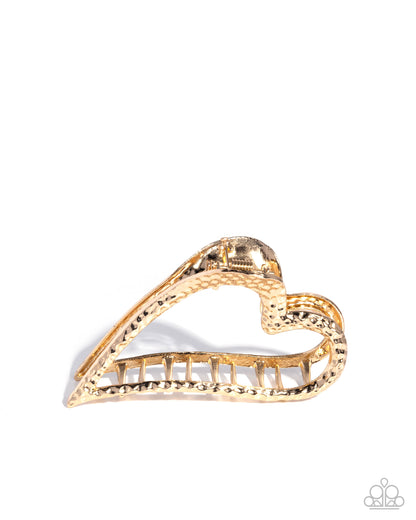 Heartfelt Hint - Gold Hammered Metal Heart Claw Clip - Paparazzi Accessories