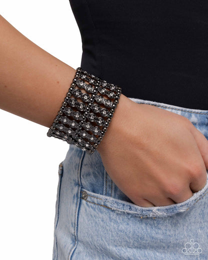 Stacked Significance - Black - Gunmetal White Stretchy Bracelet - Paparazzi Accessories