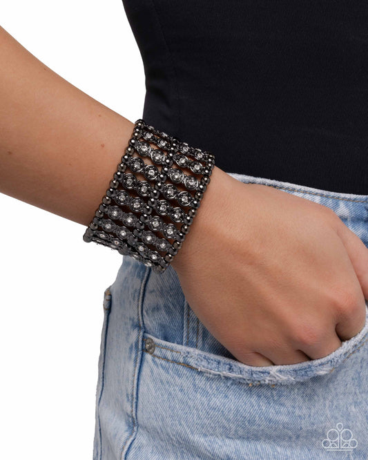 Stacked Significance - Black - Gunmetal White Stretchy Bracelet - Paparazzi Accessories