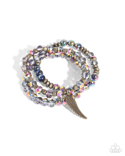 Angelic Aesthetic - Brass Angel Wing Charm UV Beaded Stretchy Bracelet - Paparazzi Accessories