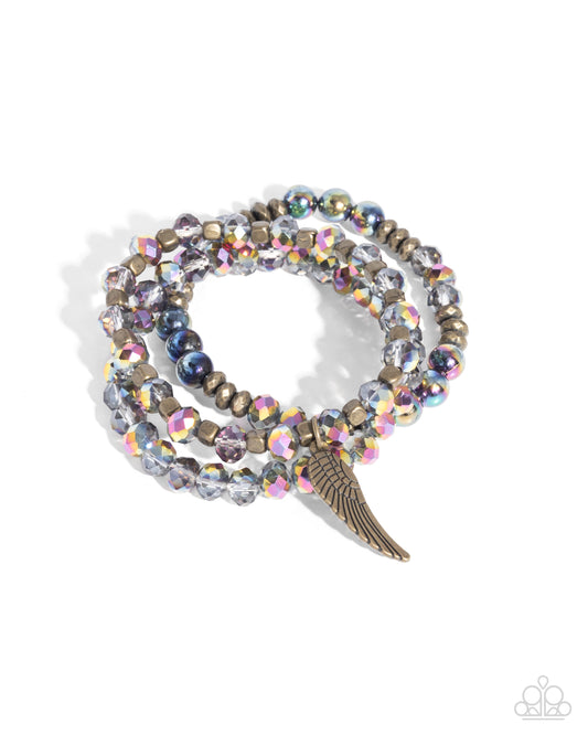 Angelic Aesthetic - Brass Angel Wing Charm UV Beaded Stretchy Bracelet - Paparazzi Accessories