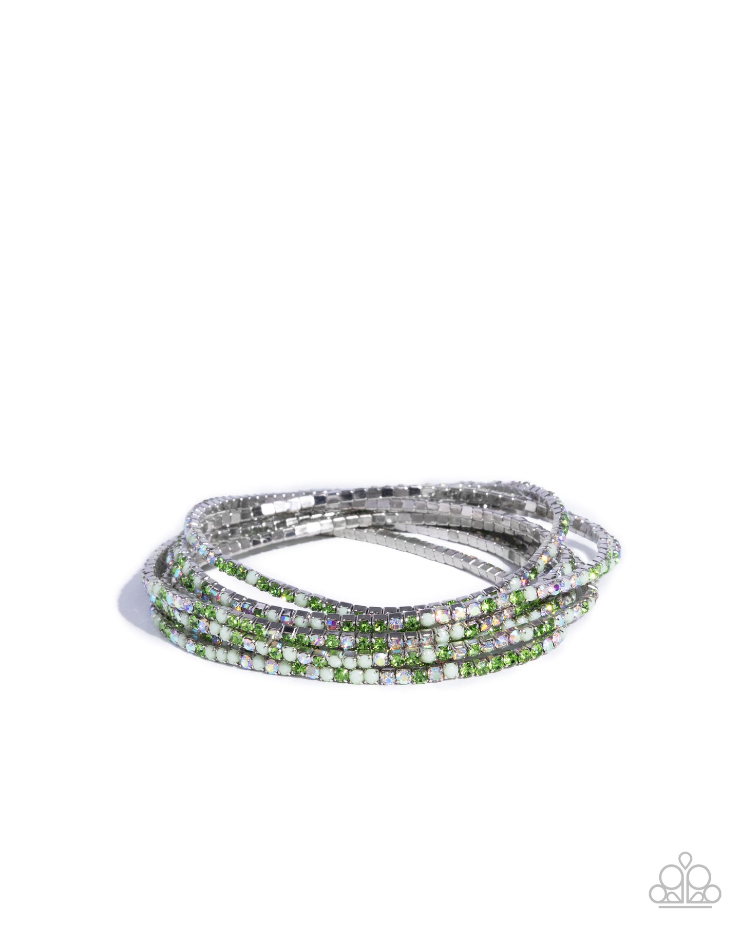 Candlelight Cascade - Green Iridescent Rhinestone Silver Stretchy Bracelets - Paparazzi Accessories