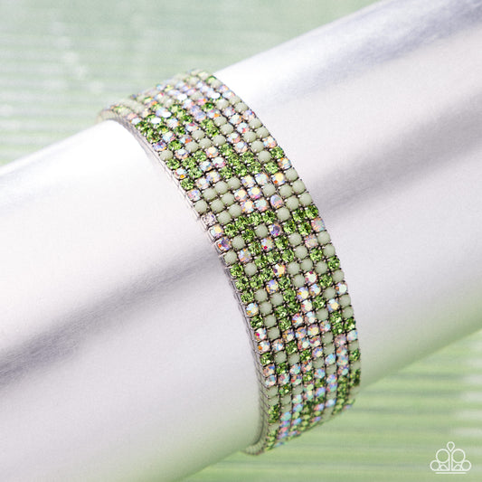 Candlelight Cascade - Green Iridescent Rhinestone Silver Stretchy Bracelets - Paparazzi Accessories