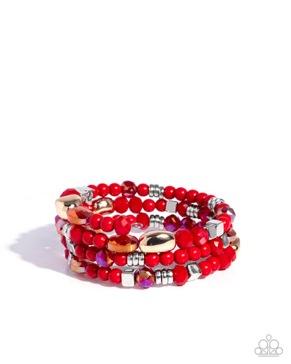 Material WHIRL - Red UV Shimmer Beads Coil Bracelet - Paparazzi Accessories