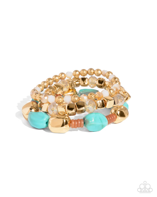 Malibu Minimalist - Blue Turquoise Beads Gold Stretchy Bracelets - Paparazzi Accessories