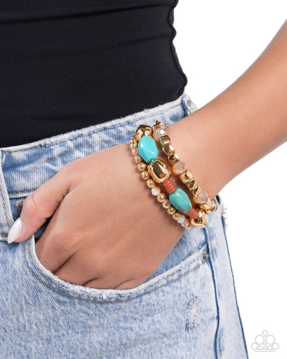 Malibu Minimalist - Blue Turquoise Beads Gold Stretchy Bracelets - Paparazzi Accessories