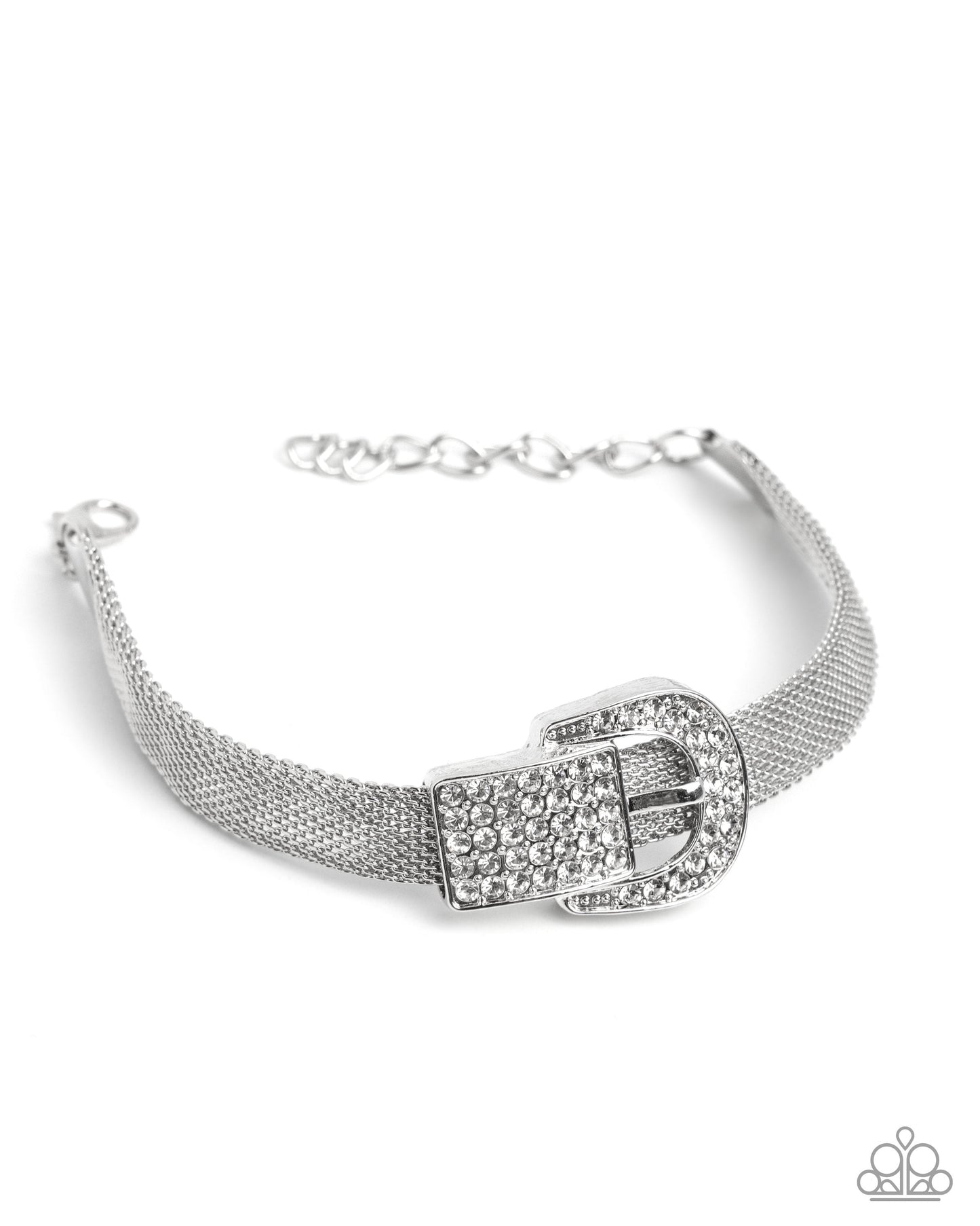 Boldly Buckled - White Rhinestone Buckle Silver Clasp Bracelet - June 2025 Life of the Party Exclusive - Paparazzi Accessories