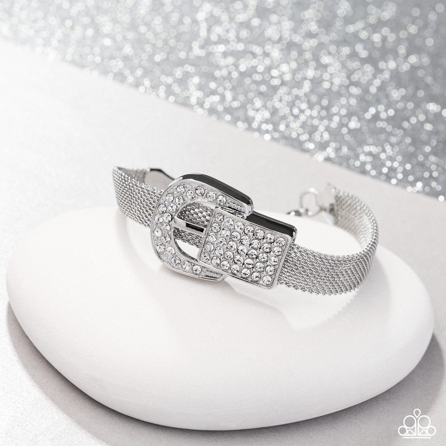 Boldly Buckled - White Rhinestone Buckle Silver Clasp Bracelet - June 2025 Life of the Party Exclusive - Paparazzi Accessories