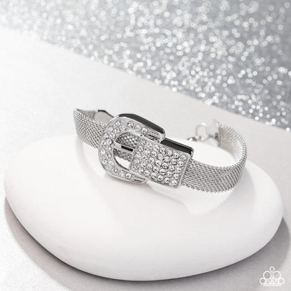 Boldly Buckled - White Rhinestone Buckle Silver Clasp Bracelet - June 2025 Life of the Party Exclusive - Paparazzi Accessories
