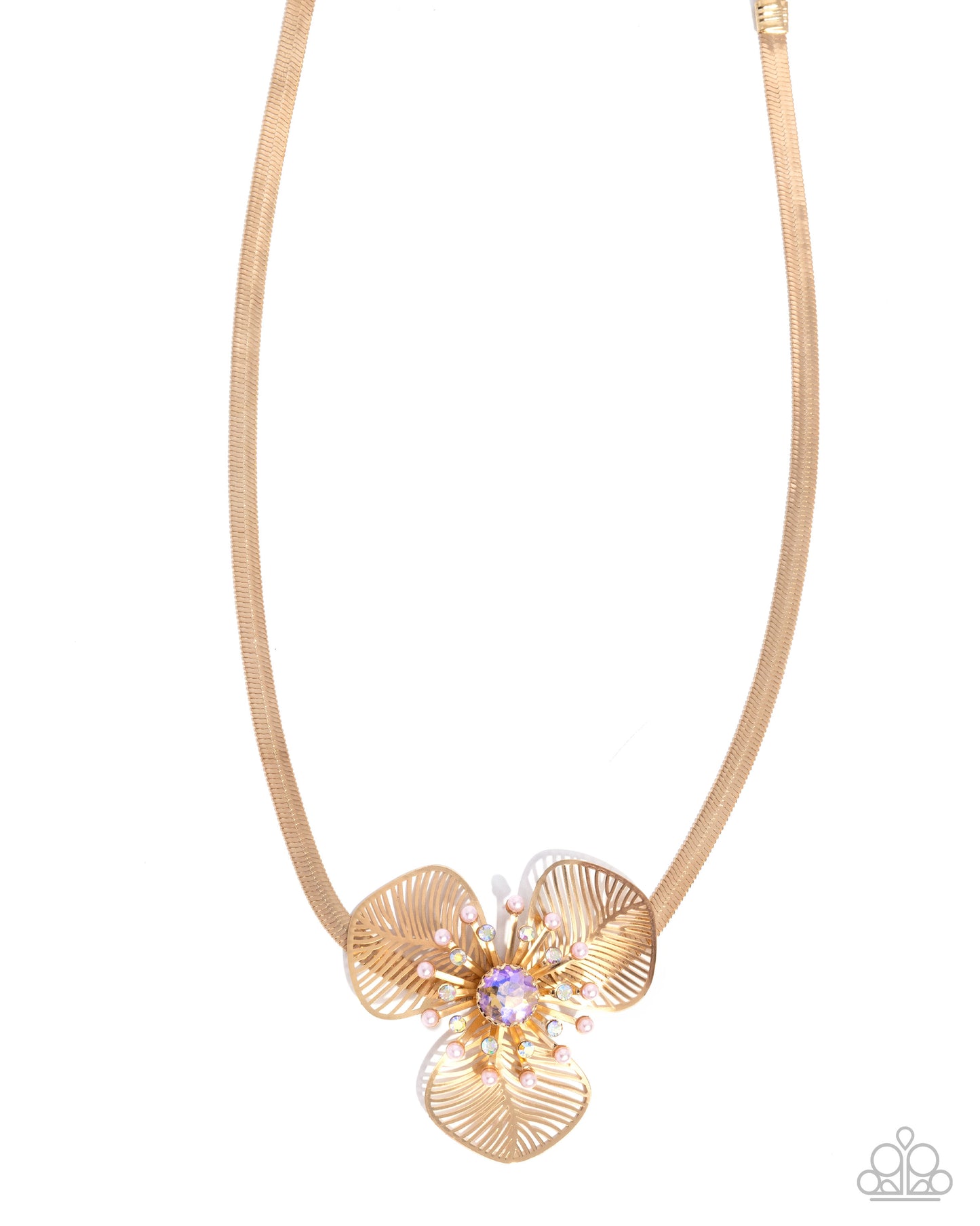 Valiantly Verdant - Pink Iridescent Gem, Gold Flower Necklace - Paparazzi Accessories