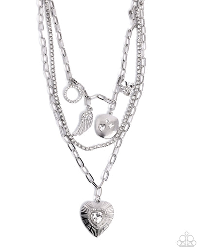 Angelic Ambition - White Rhinestone Layered Charm Necklace - Paparazzi Accessories