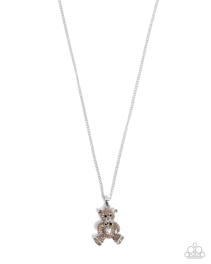 Twinkling Teddy - Brown Rhinestone Teddy Bear Pendant Silver Necklace - Paparazzi Accessories